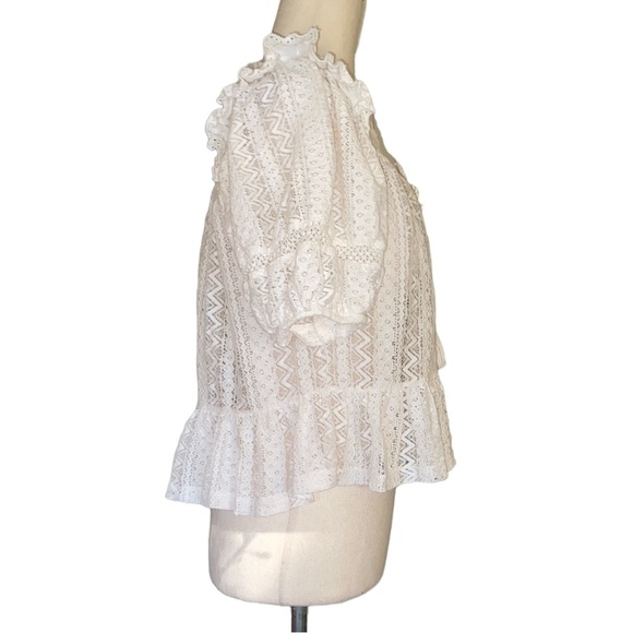 Mango MNG White Eyelet Lace Smocked Ruffle Tie Front Tassel Cropped Blouse - XS - Picture 5 of 9